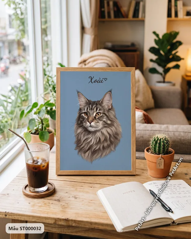 Mèo Maine Coon chân dung nền xanh · góc khác