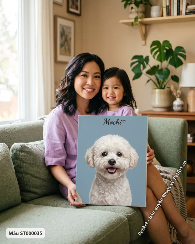 Chó Bichon trắng cười, tranh chân dung nền xanh · góc khác