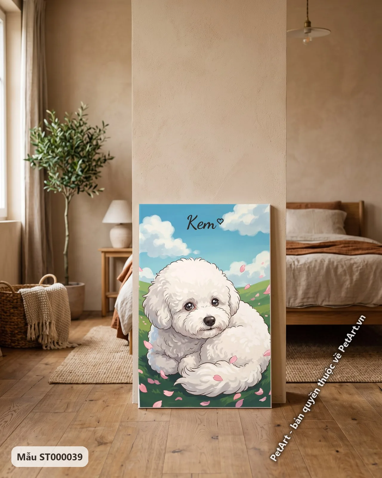 Ảnh thực tế: Chú chó Bichon trắng muốt nằm cuộn tròn trên thảm cỏ xanh, cánh hoa hồng rơi xung quanh, bầu trời xanh mây trắng.