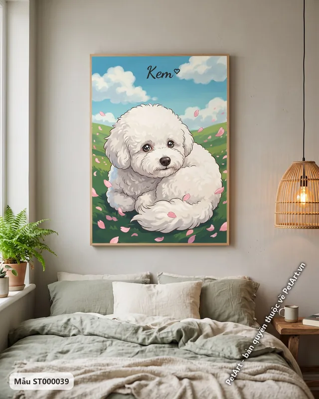 Tranh Anime chó Bichon trắng trên cỏ · ảnh thực tế