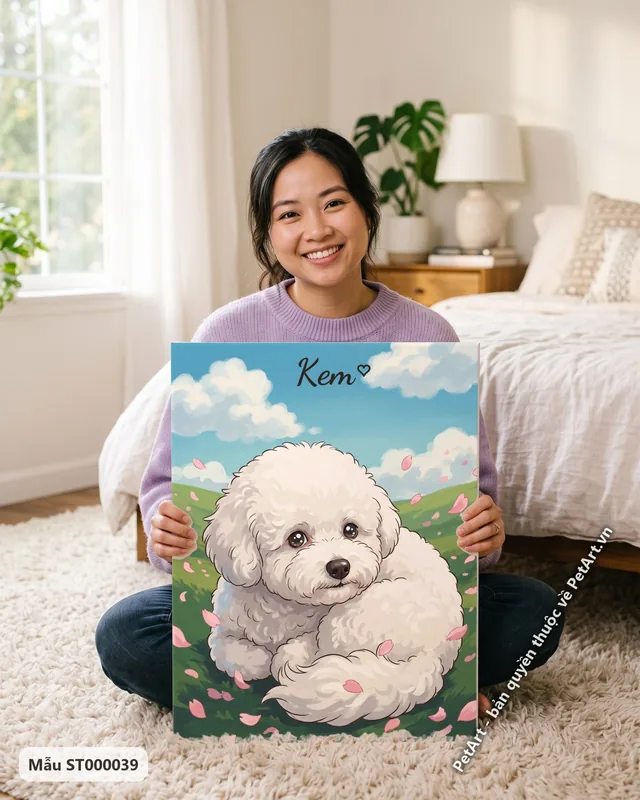 Tranh Anime chó Bichon trắng trên cỏ · góc khác
