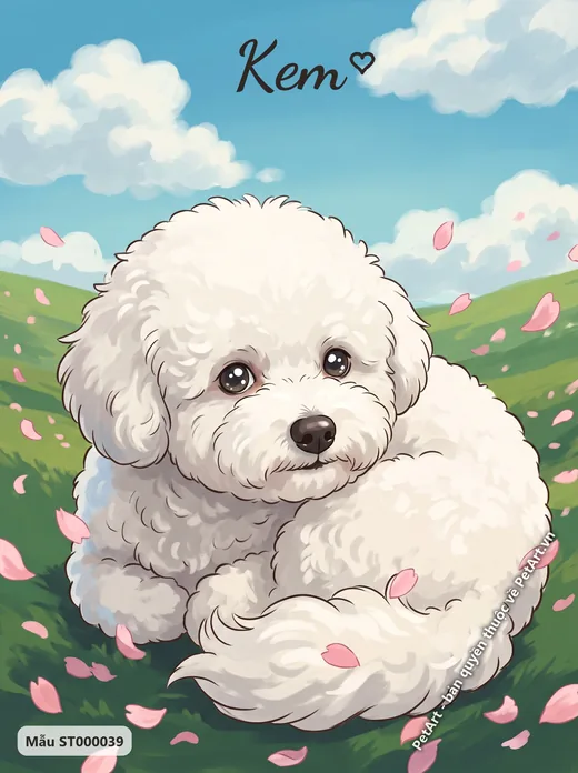 Tranh Anime chó Bichon trắng trên cỏ · ảnh tranh