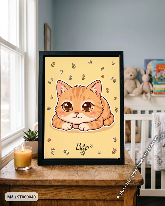 Mèo mướp cam Chibi nằm nền hoa lá · góc khác