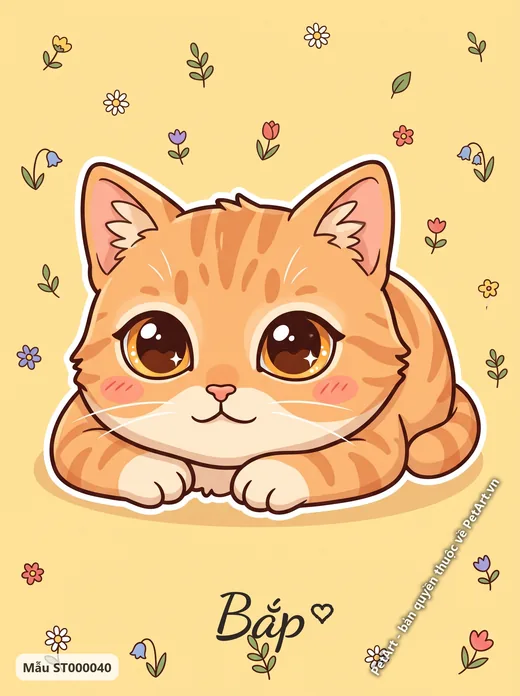 Mèo mướp cam Chibi nằm nền hoa lá · ảnh tranh
