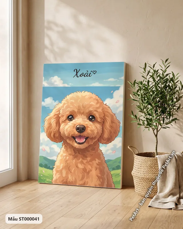 Chó Poodle cười tươi, phong cách Anime Nhật Bản · ảnh thực tế