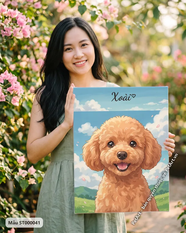 Chó Poodle cười tươi, phong cách Anime Nhật Bản · góc khác