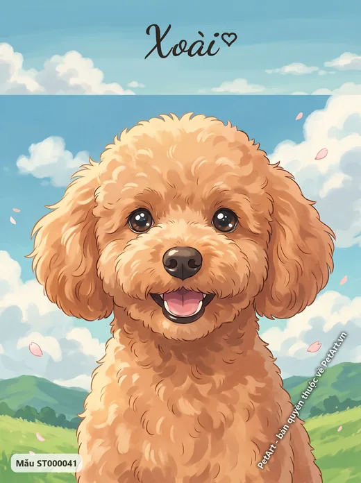 Chó Poodle cười tươi, phong cách Anime Nhật Bản · ảnh tranh