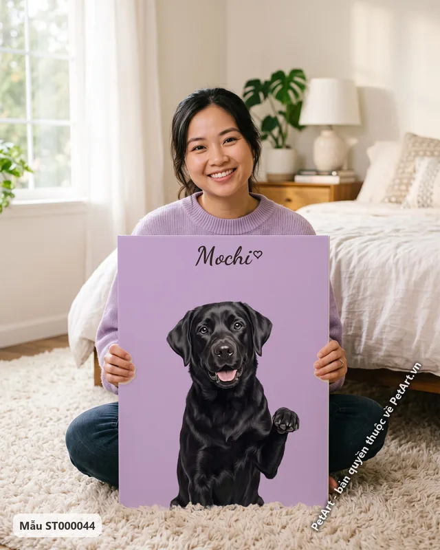 Chó Labrador đen vẫy tay, nền đơn sắc · ảnh thực tế