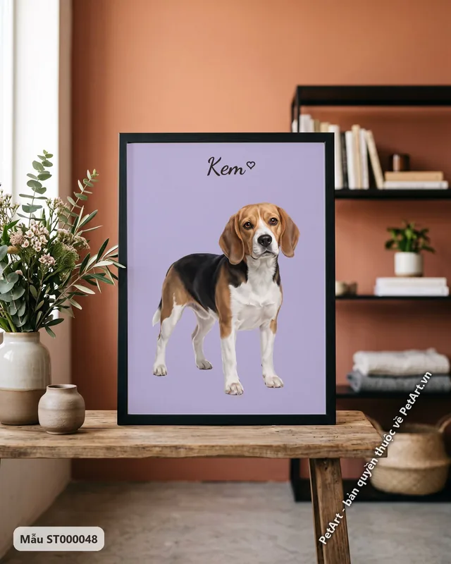 Chân dung chó Beagle đứng, nền tím đơn sắc · góc khác