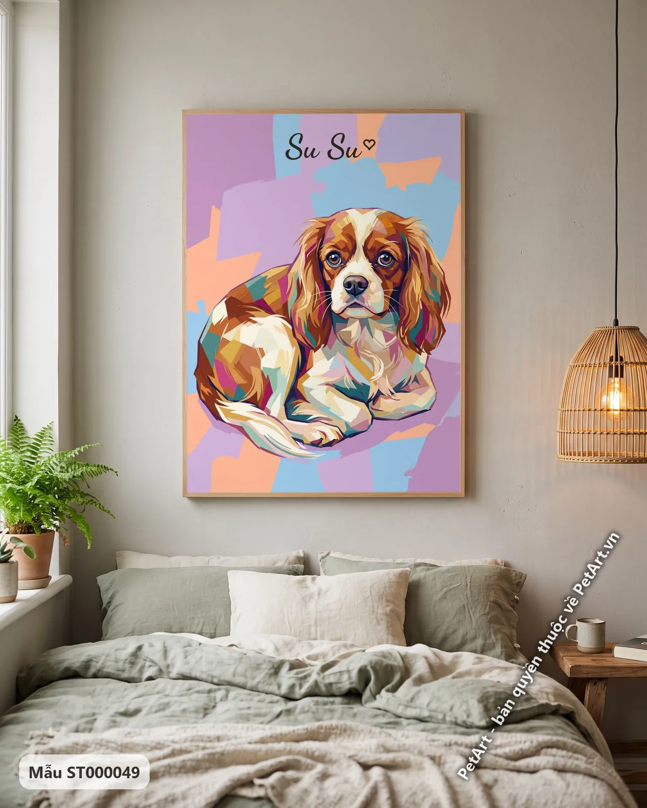 Ảnh thực tế: Chú chó Cavalier nằm nghỉ với bộ lông màu sắc rực rỡ, được thể hiện theo phong cách trừu tượng nghệ thuật.
