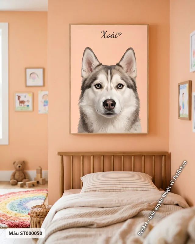 Chân dung chó Husky cận mặt, nền cam đơn sắc · góc khác