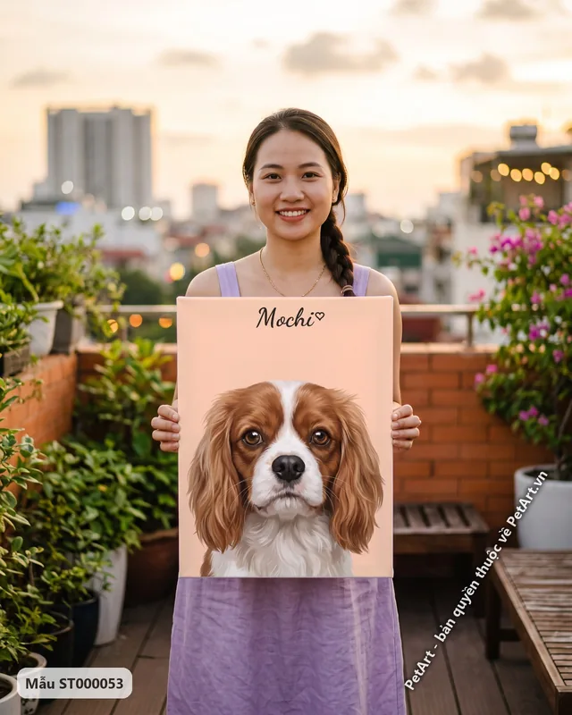Chó Cavalier chân dung, nền đơn sắc màu đào · góc khác