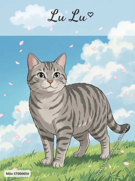 Mèo mướp xám, phong cách Anime, hoa anh đào · ảnh tranh
