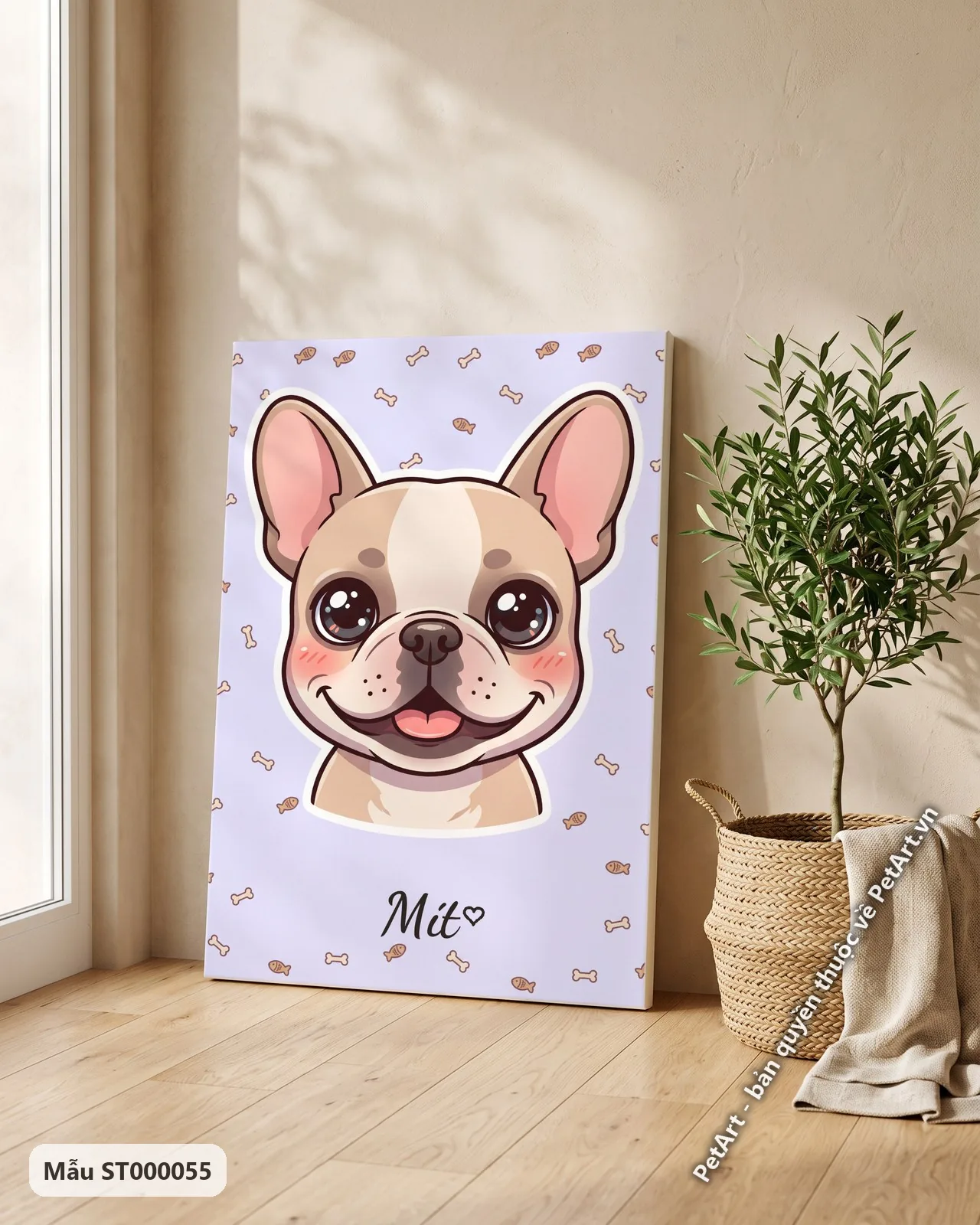 Ảnh thực tế: Chó Bull Pháp hoạt hình chibi cười tươi, lưỡi thè, má hồng, trên nền tím nhạt họa tiết xương cá.