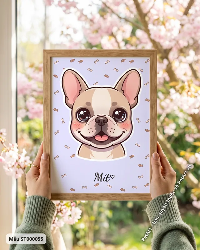 Chó Bull Pháp chibi, nền xương cá, hoạt hình · góc khác