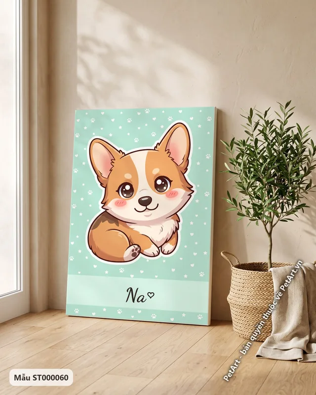 Chó Corgi Chibi dễ thương, nền xanh · góc khác