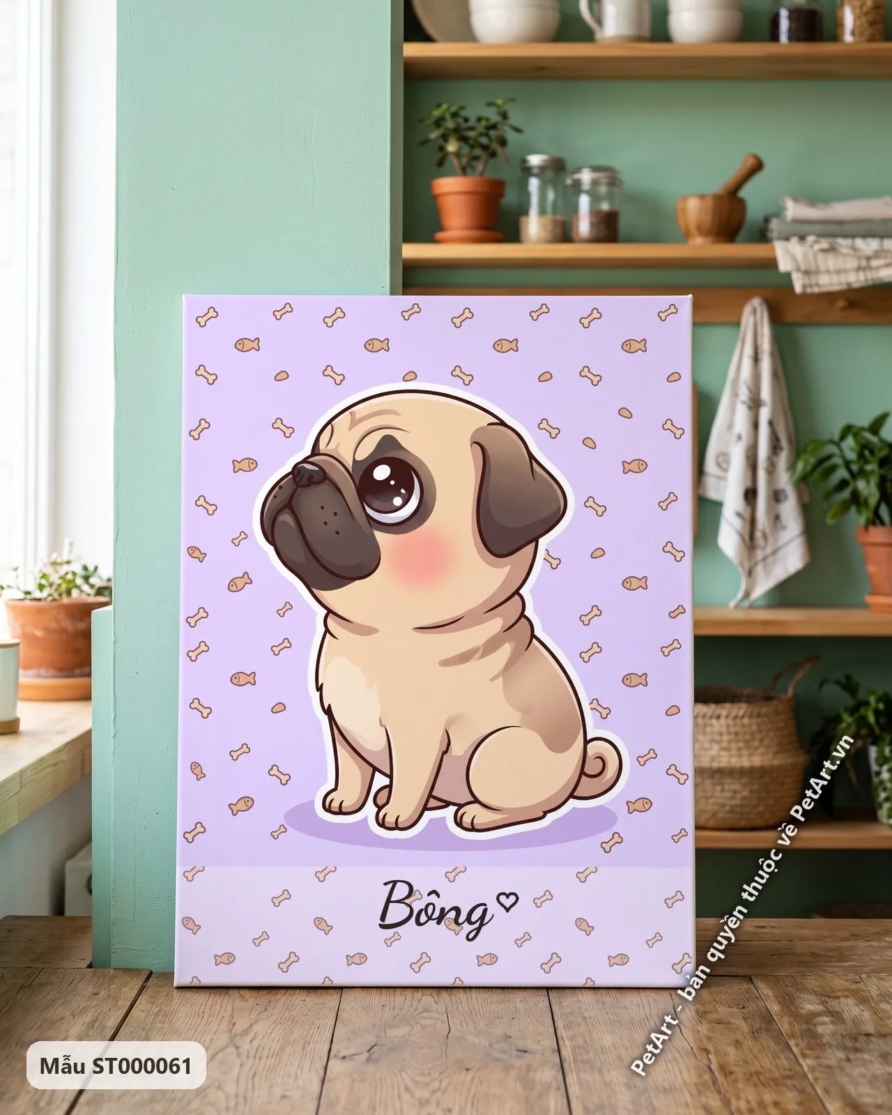 Ảnh thực tế: Một chú chó Pug Chibi màu nâu nhạt đáng yêu đang ngồi, với đôi mắt to tròn, má hồng trên nền tím nhạt có họa tiết xương và cá.