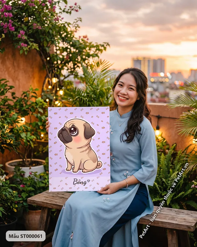 Chó Pug Chibi đáng yêu, nền tím · góc khác