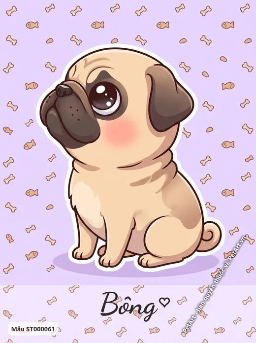 Chó Pug Chibi đáng yêu, nền tím · ảnh tranh