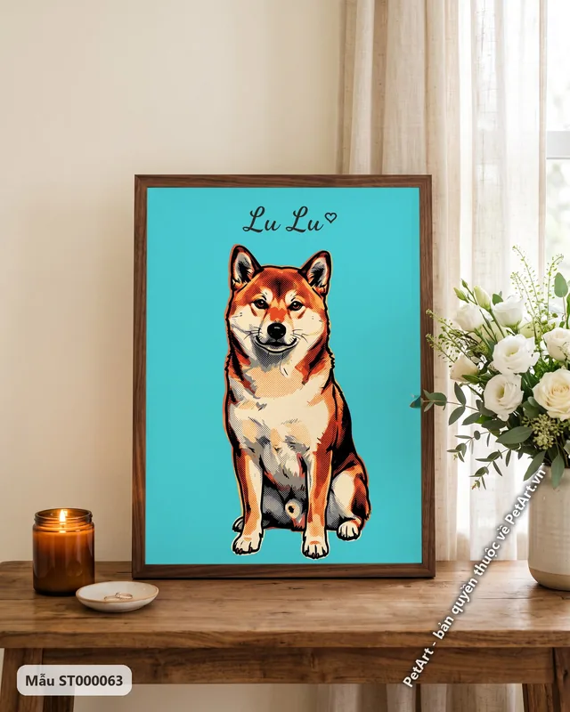 Chó Shiba Pop Art, màu sắc nổi bật · ảnh thực tế