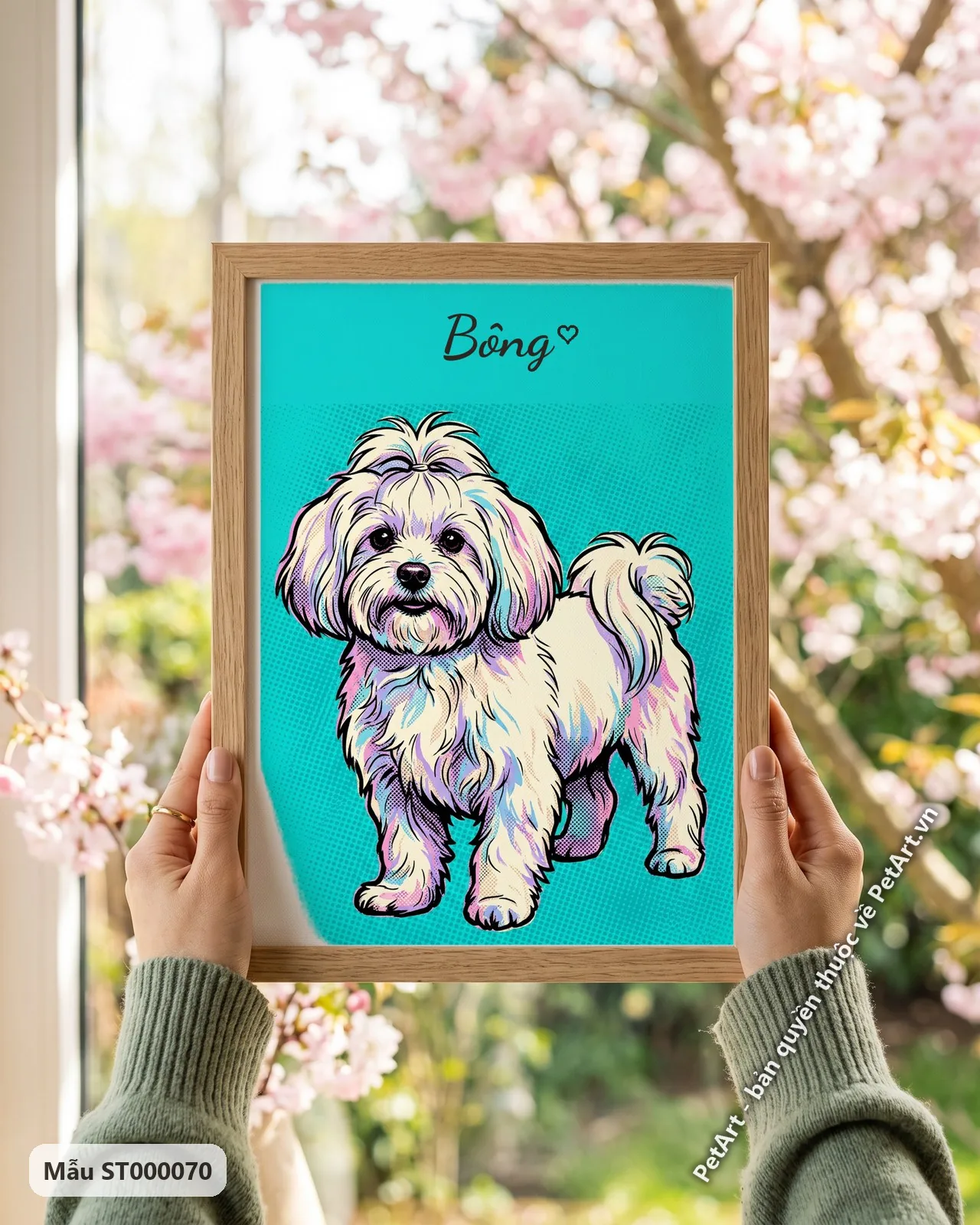 Ảnh thực tế: Chú chó Maltese trắng đáng yêu đứng thẳng, lông được tô điểm bằng các mảng màu Pop Art rực rỡ trên nền xanh ngọc chấm bi.
