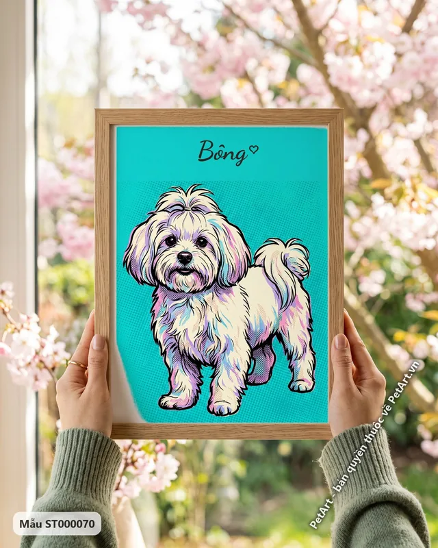 Chó Maltese đứng, màu sắc Pop Art rực rỡ · ảnh thực tế