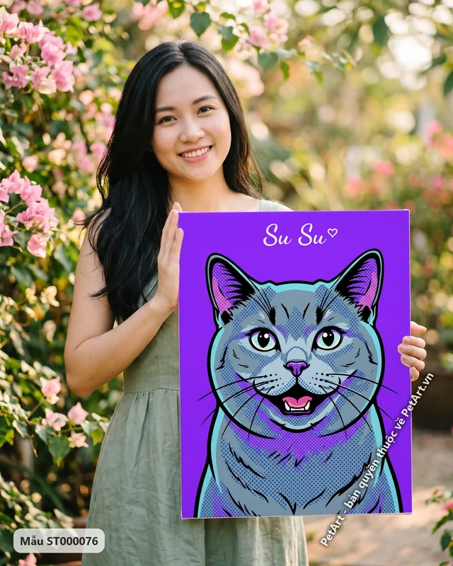 Mèo Anh lông ngắn mặt cận, Pop Art tím xanh · ảnh thực tế