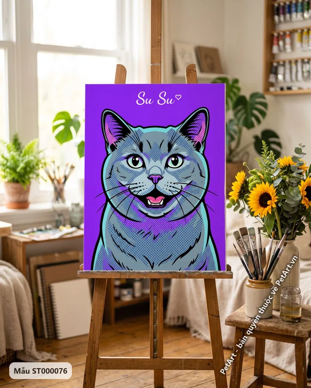 Mèo Anh lông ngắn mặt cận, Pop Art tím xanh · góc khác