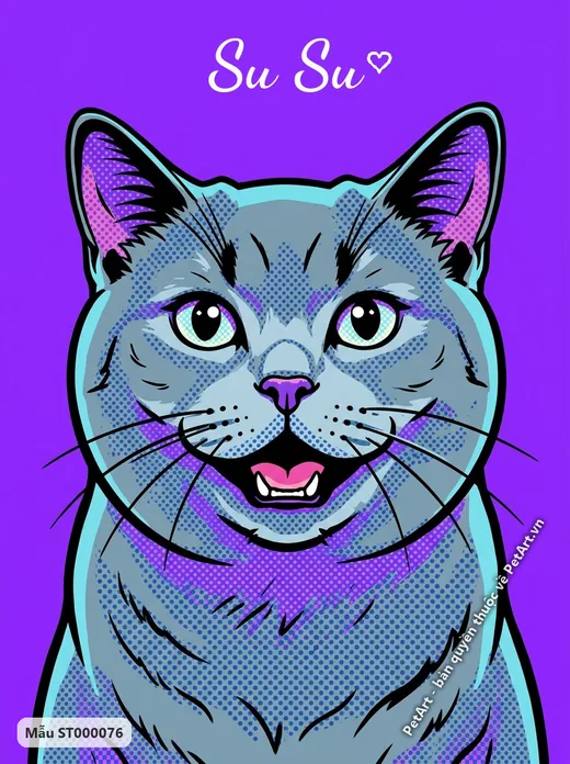 Mèo Anh lông ngắn mặt cận, Pop Art tím xanh · ảnh tranh