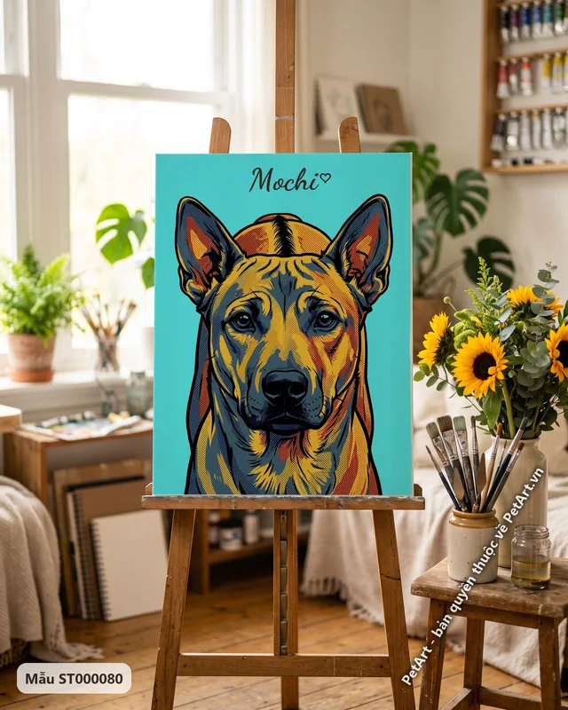 Chó Phú Quốc nhìn thẳng, phong cách Pop Art nhiều màu · góc khác