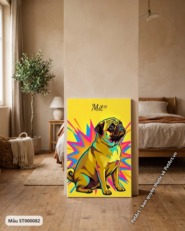 Chó Pug ngồi, màu sắc rực rỡ, phong cách Pop Art · góc khác