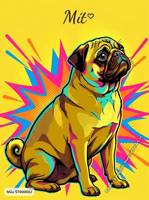 Chó Pug ngồi, màu sắc rực rỡ, phong cách Pop Art · ảnh tranh