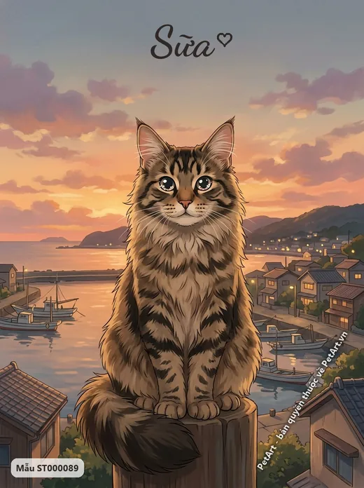 Mèo Maine Coon Anime hoàng hôn · ảnh tranh