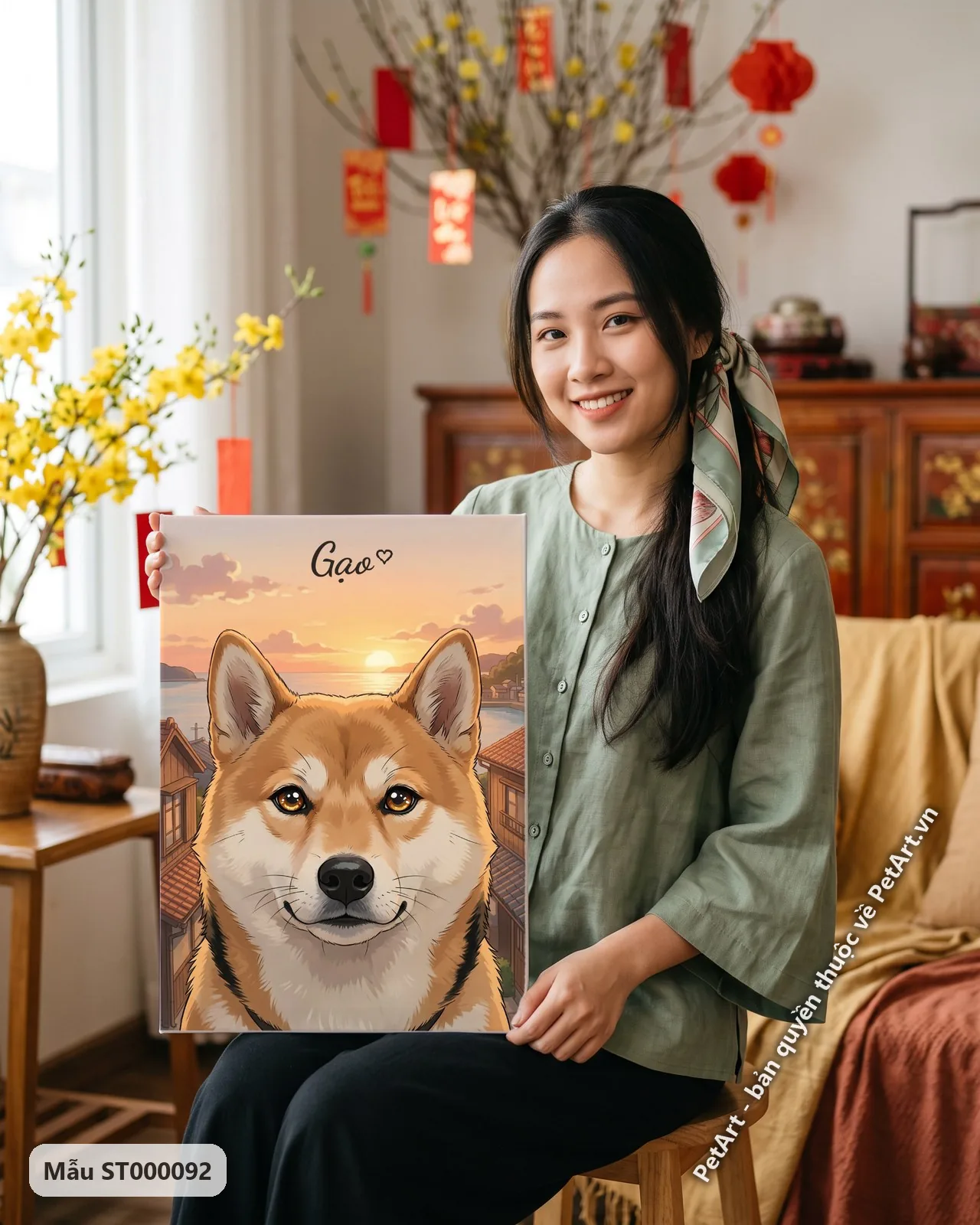 Ảnh thực tế: Chó Shiba cười tươi, với khung cảnh làng chài Nhật Bản và mặt trời lặn rực rỡ phía sau.
