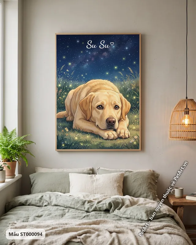 Chó Labrador vàng nằm dưới sao đêm · góc khác