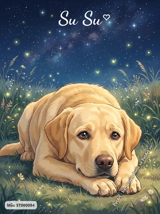 Chó Labrador vàng nằm dưới sao đêm · ảnh tranh