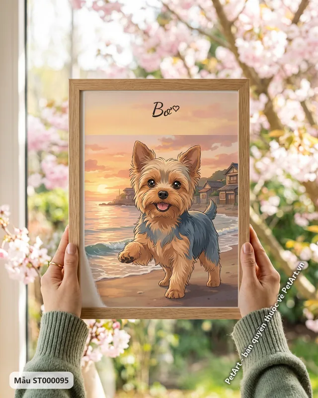 Chó Yorkshire trên bãi biển hoàng hôn · góc khác