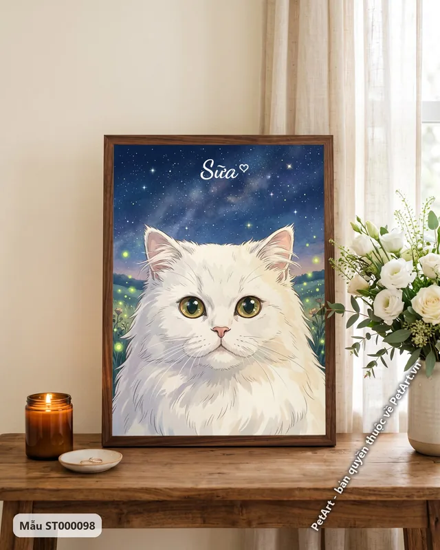 Mèo Ba Tư trắng dưới trời sao · góc khác