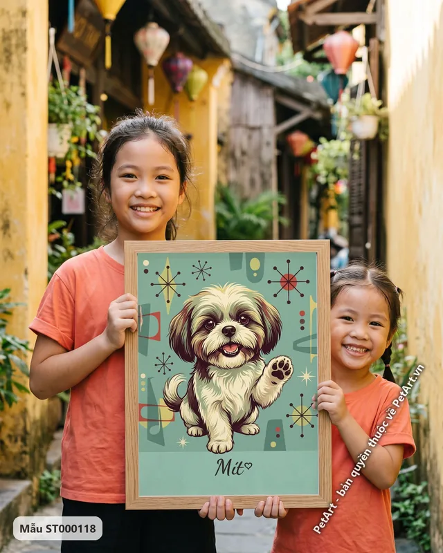 Chó Shih Tzu vẫy tay, phong cách vintage hoài cổ · ảnh thực tế