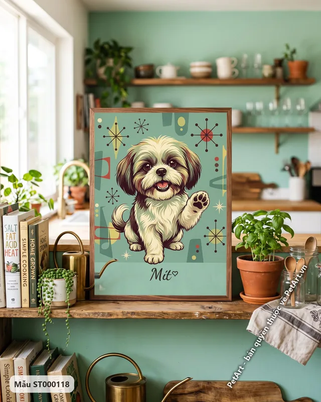 Chó Shih Tzu vẫy tay, phong cách vintage hoài cổ · góc khác