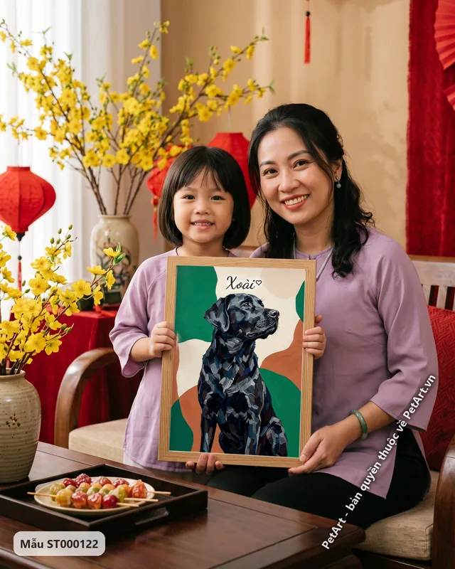 Chó Labrador đen ngồi, phong cách trừu tượng nghệ thuật · ảnh thực tế