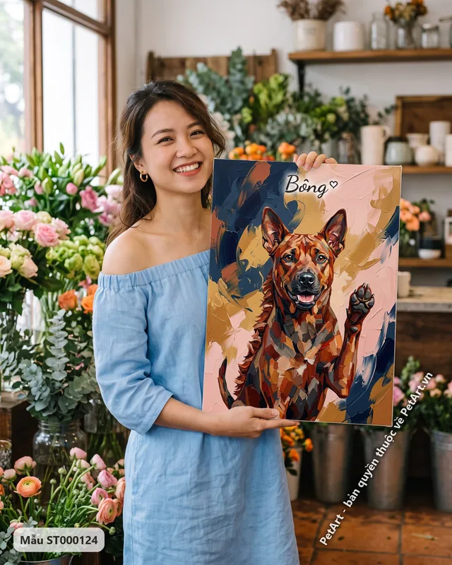 Chó Phú Quốc vẫy tay, phong cách trừu tượng nghệ thuật · ảnh thực tế