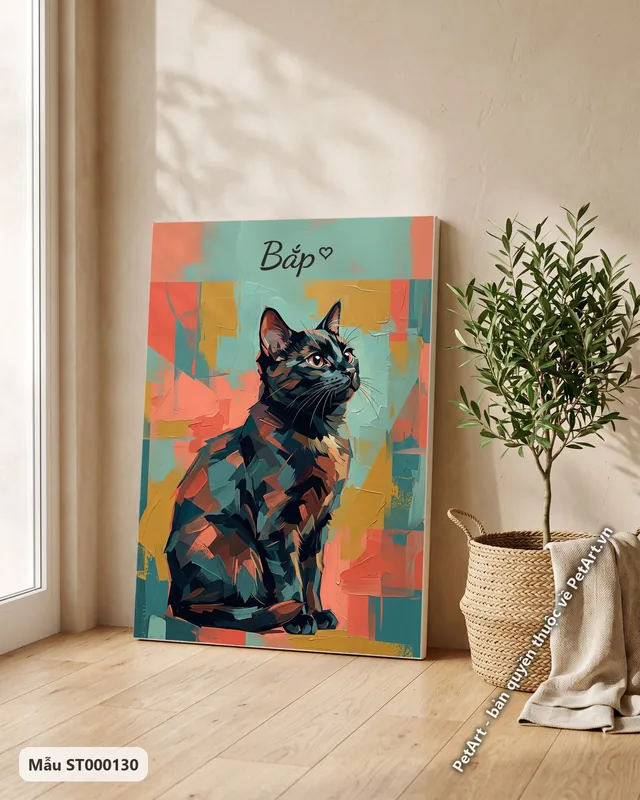 Mèo mun trừu tượng, ngồi nhìn lên, nền khối màu · góc khác