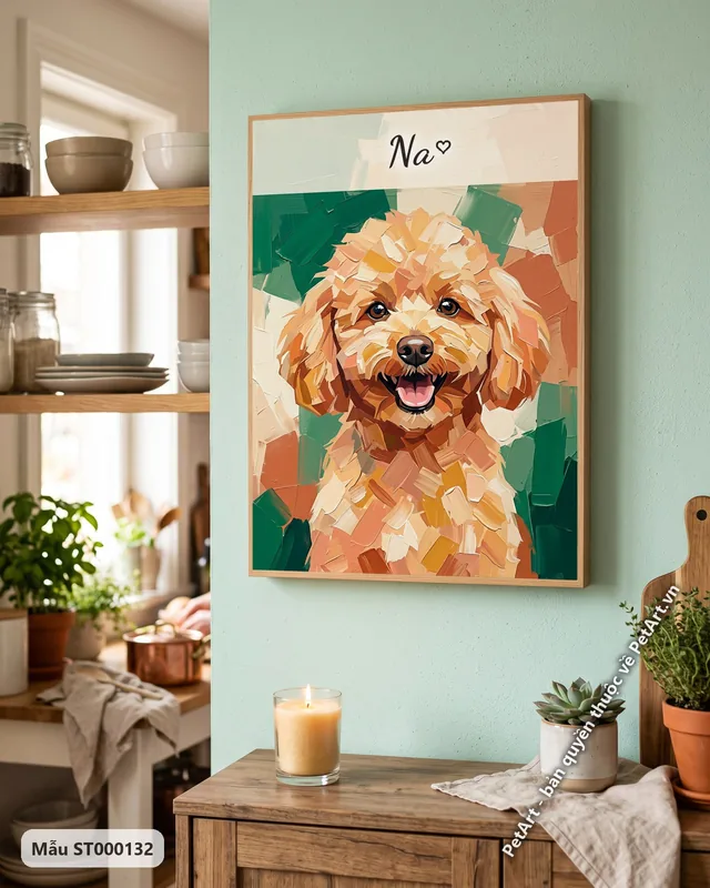 Chó Poodle trừu tượng, mặt cười, màu cam nhạt · góc khác