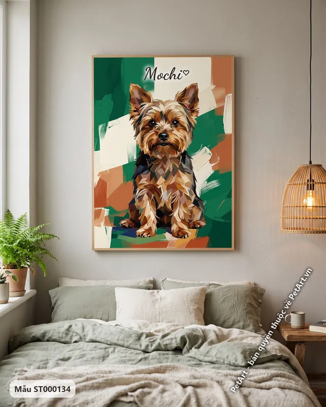 Chó Yorkshire trừu tượng, ngồi, màu nâu đen · góc khác