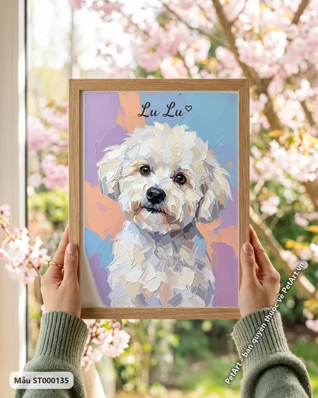Chó Bichon trừu tượng, lông trắng, nền pastel · góc khác