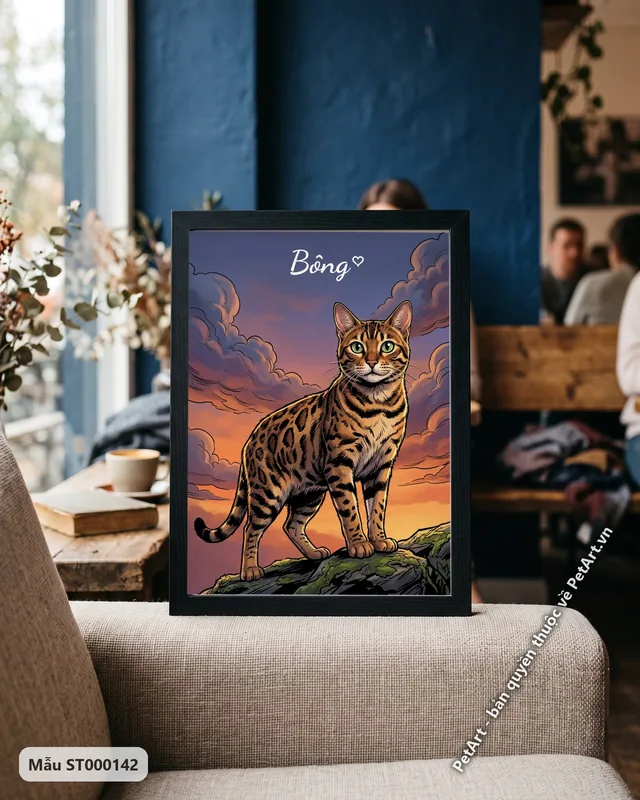 Mèo Bengal đứng trên đá, hoàng hôn truyện tranh · góc khác