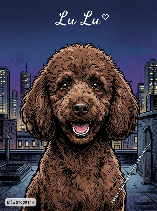 Chó Poodle nâu, thành phố đêm truyện tranh · ảnh tranh