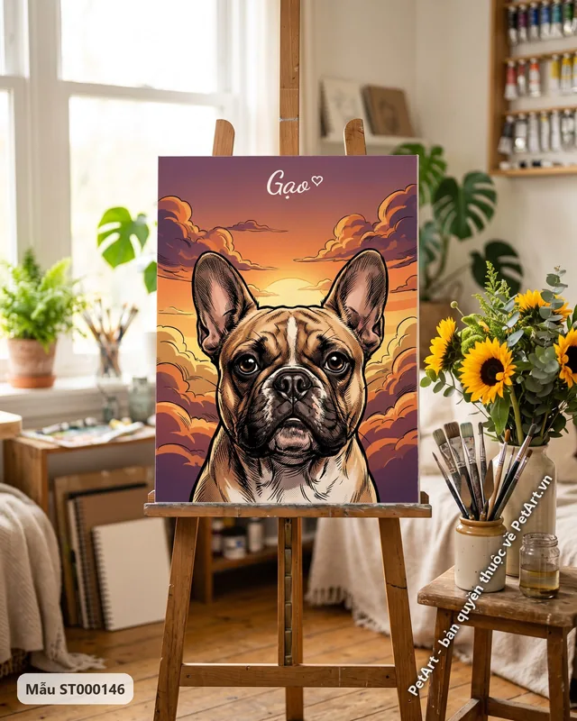 Chó Bull Pháp, nền hoàng hôn, phong cách truyện tranh · góc khác