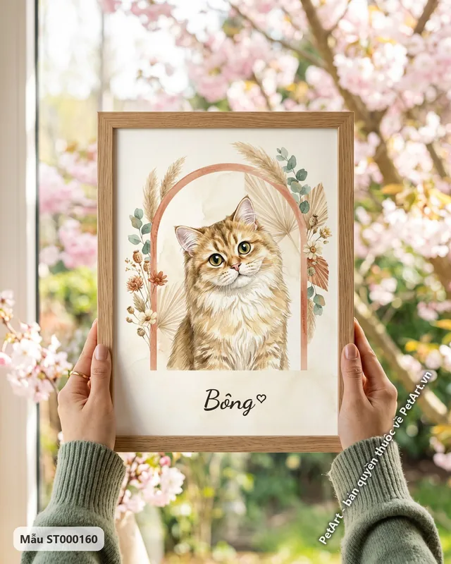 Tranh hoa lá Boho · mèo Anh lông dài